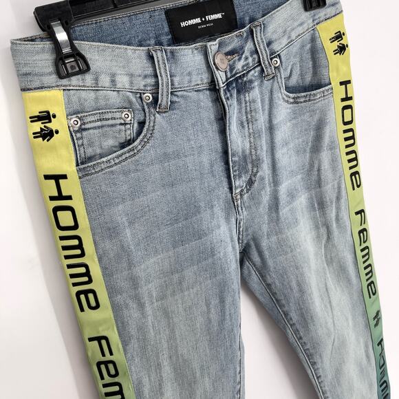 Homme + Femme NEW Tesla Skinny Blue Jeans 28 Yellow Green Gradient Logo Ribbon - Picture 2 of 9